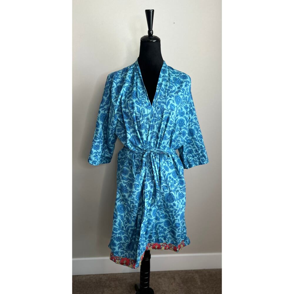 Cost Plus World Market Blue Floral Satin Robe with Pink Trim